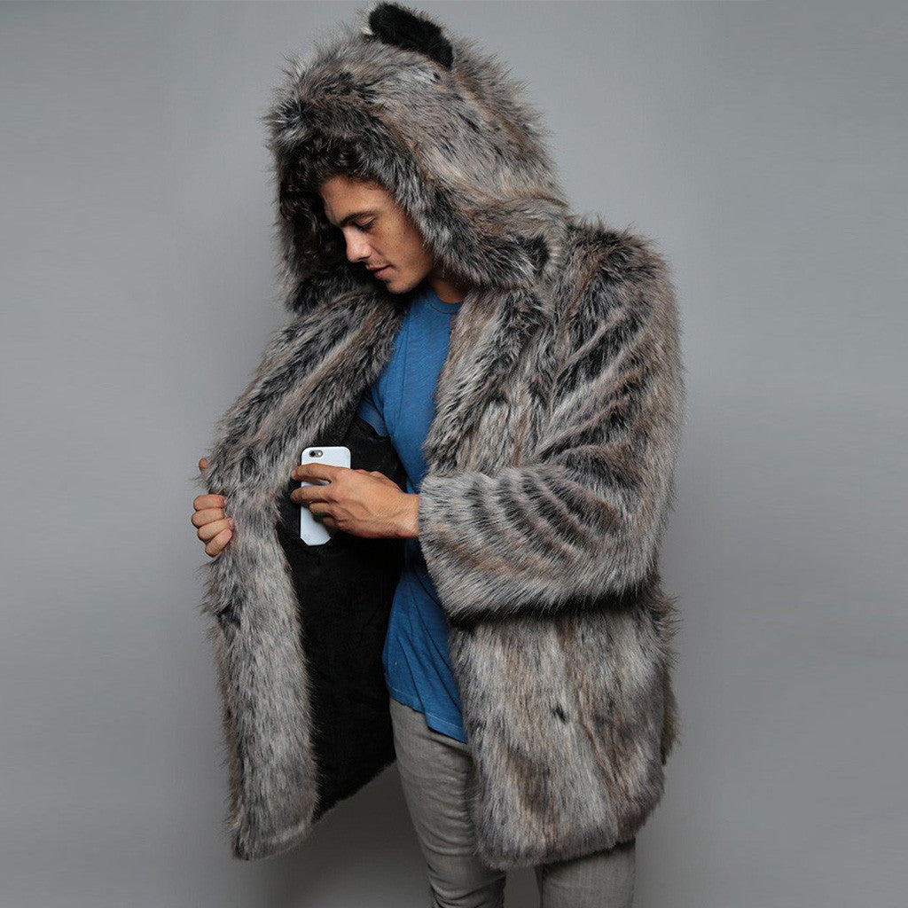 BamBam Men's Fall/Winter Faux furry Maxi hooded jacket - BamBam