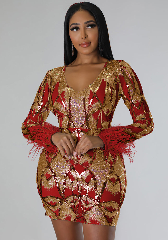 Women's V Neck Sexy Sequin Long Sleeve Nightclub Party Dress