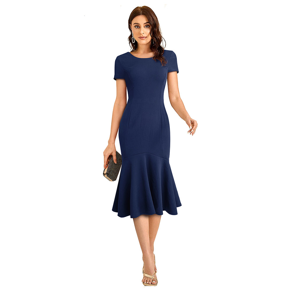 BamBam Women's Chic Career Slim Bodycon Round Neck Midi Dress - BamBam