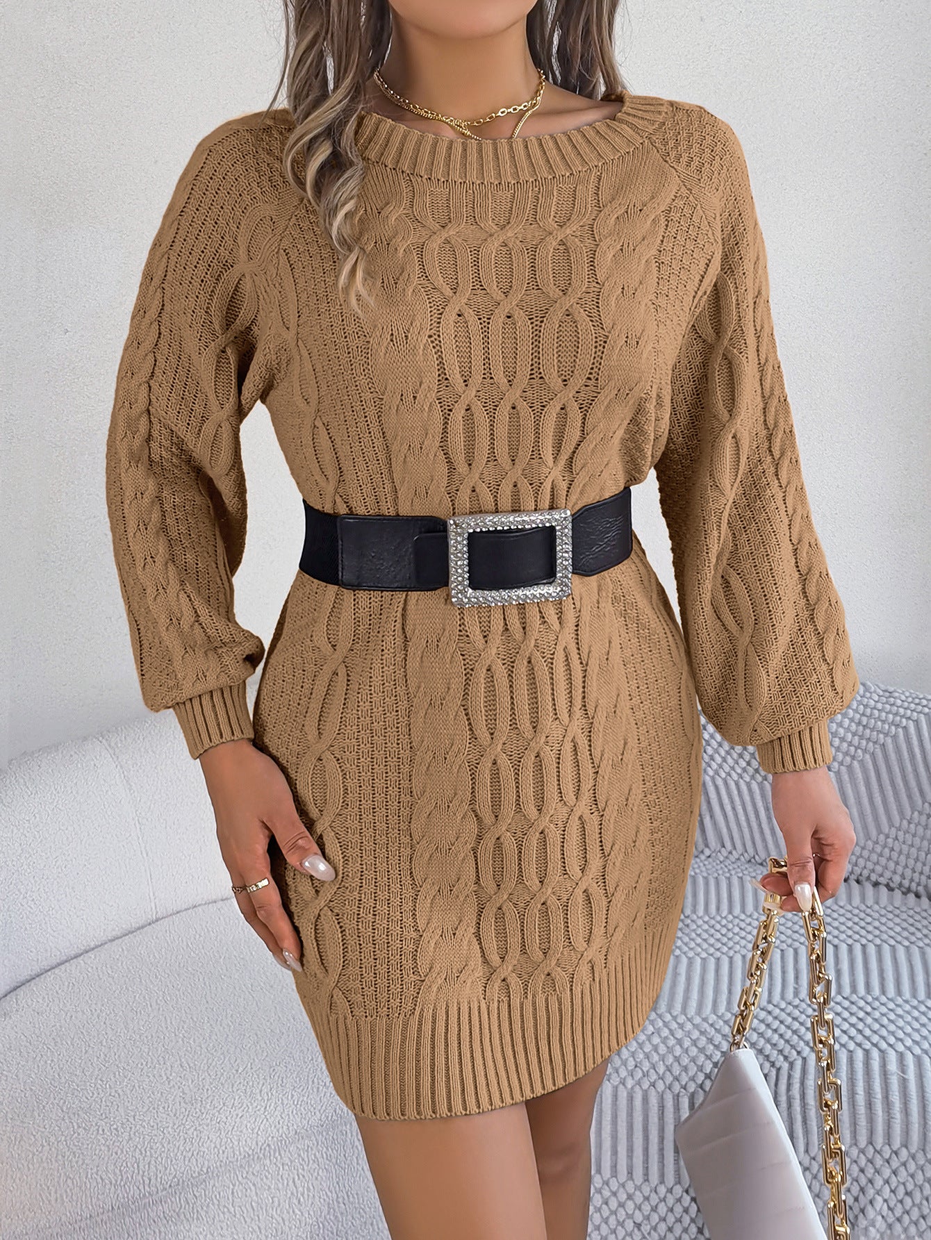 BamBam Women Autumn and Winter Solid Twist Lantern Sleeve Sweater Dress - BamBam