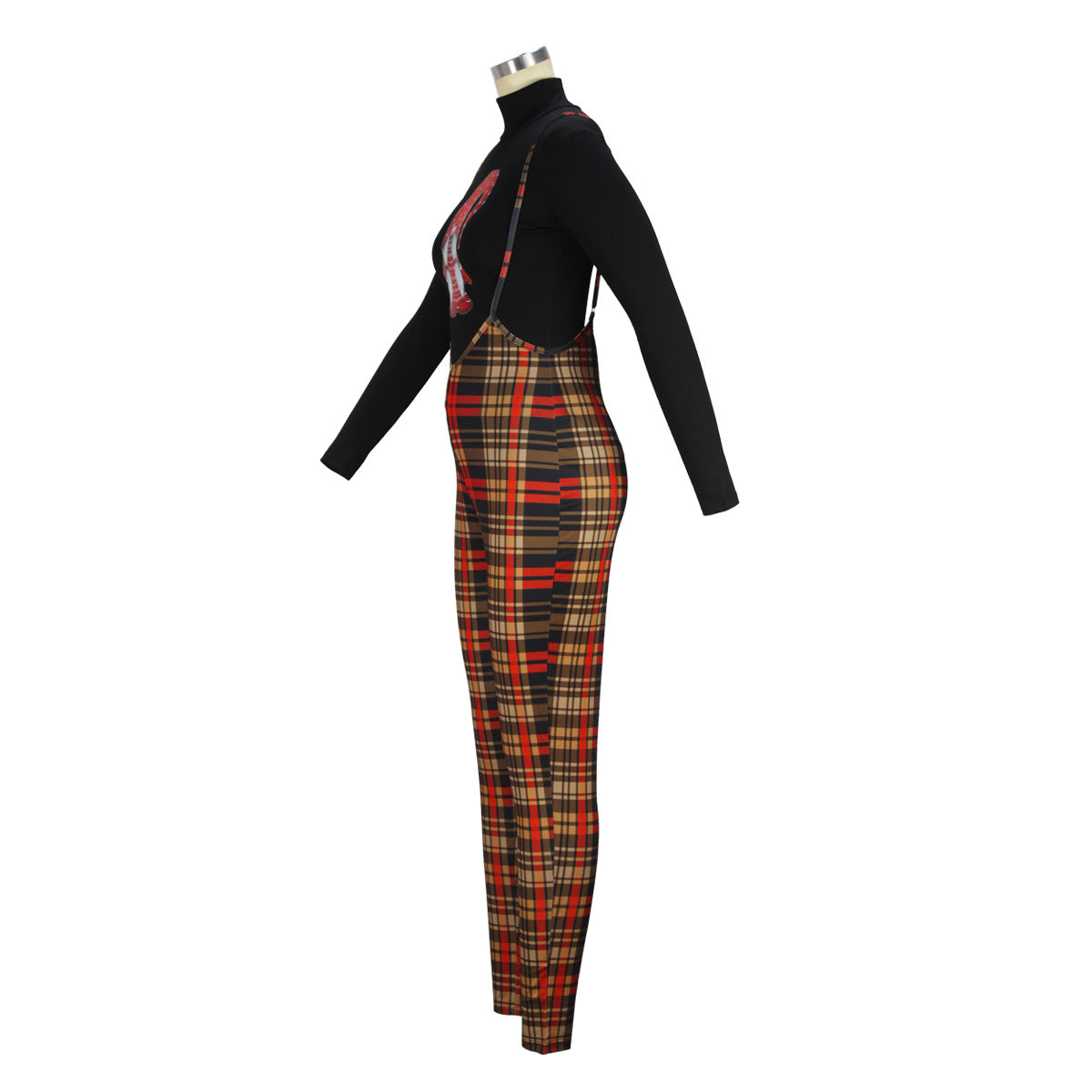 BamBam Women Casual Christmas Turtleneck Top and Plaid Overalls Two-Piece Set - BamBam