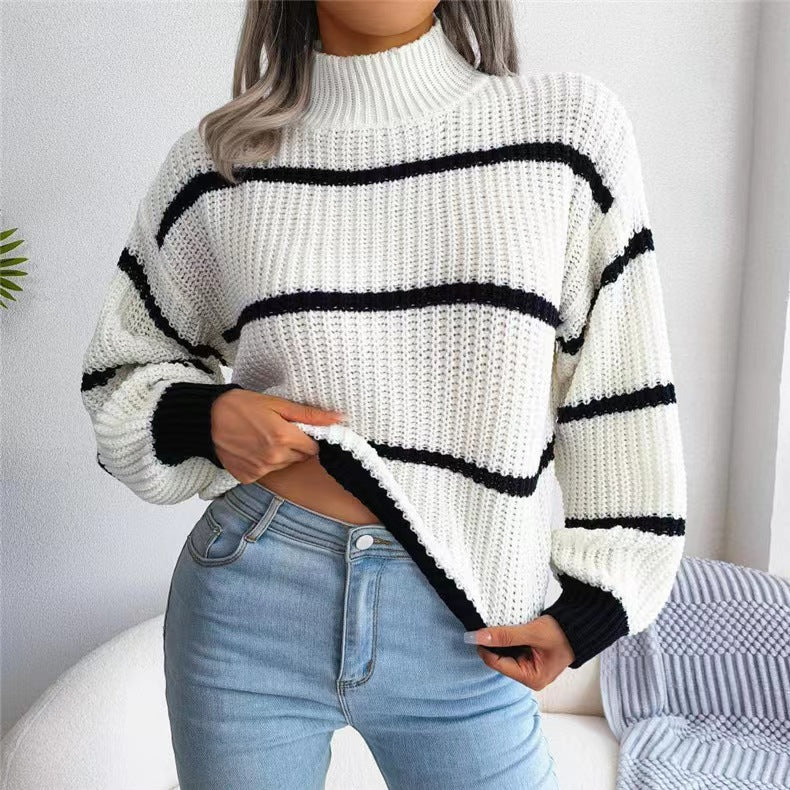 BamBam Autumn And Winter Casual Striped Lantern Sleeve Half Turtleneck Knitting Pullover Sweater For Women - BamBam