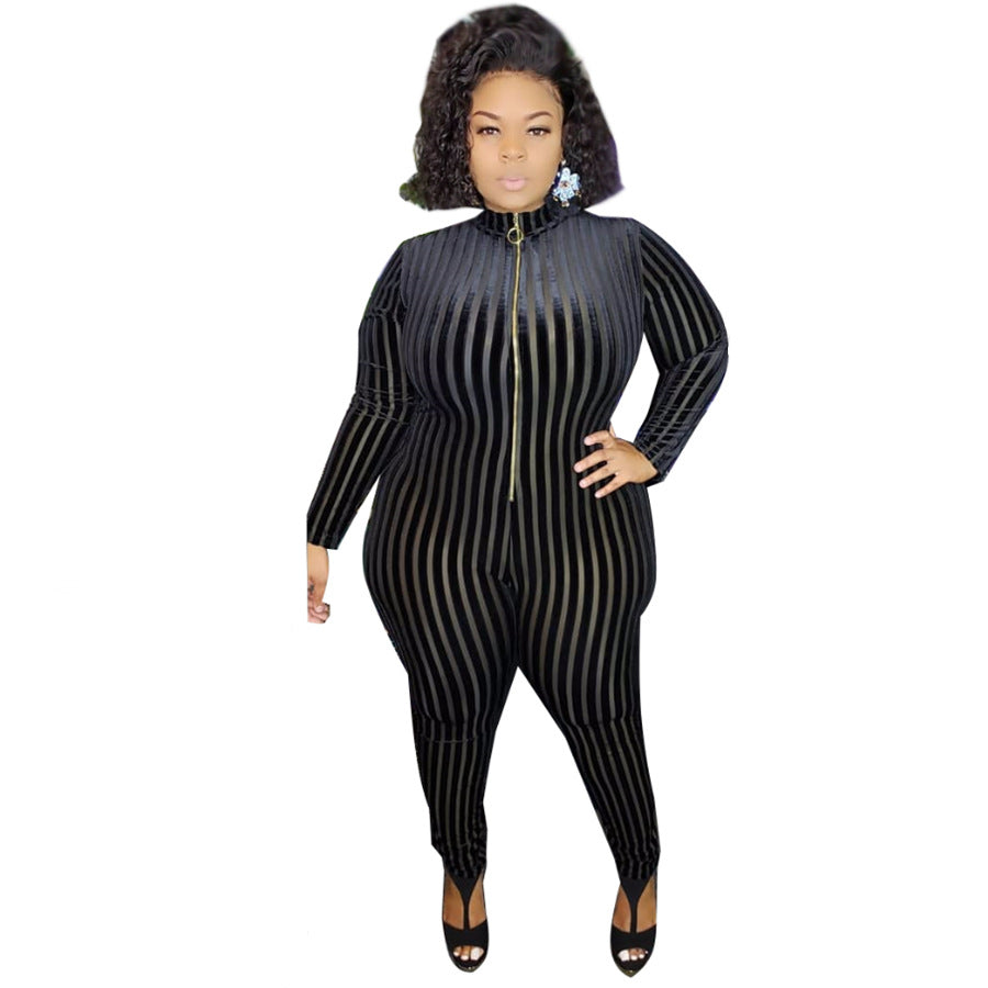 BamBam Plus Size Women'S Mesh Flocked Stripe Tight Fitting Zip Long Sleeve Jumpsuit - BamBam Clothing