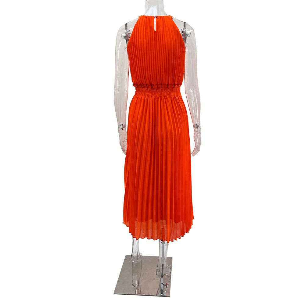 BamBam Spring And Summer Solid Color Sleeveless Chiffon Chic Lady Pleated Slim Waist Dress - BamBam Clothing