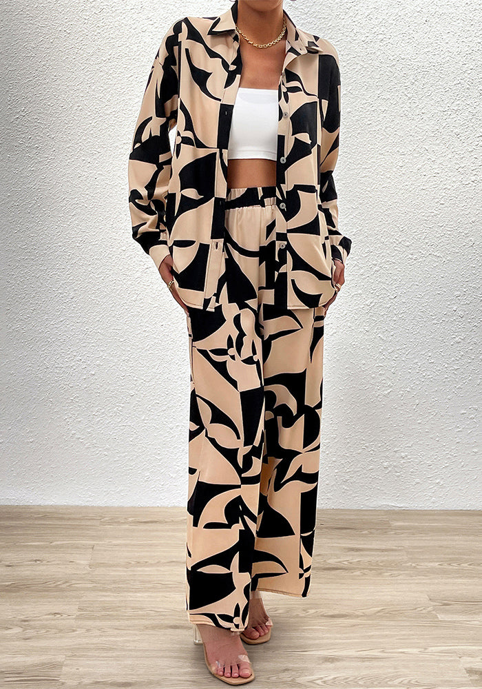 Women Casual printed long-sleeved top and trousers two-piece set