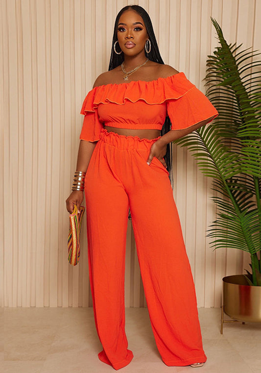 Women summer Off Shoulder ruffled Top and wide-leg Pant two-piece set