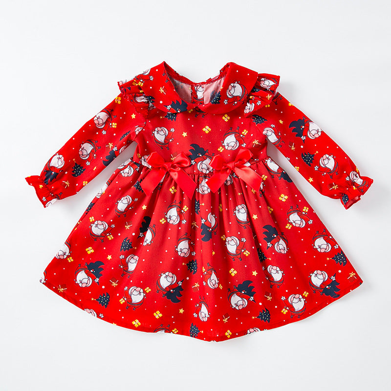 BamBam Children's Christmas Girls Dress Trendy Cute Bow Print Santa Baby Princess Dress - BamBam