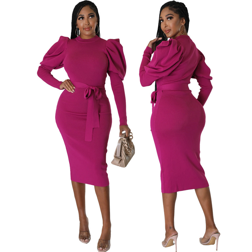 BamBam Sexy And Fashionable Solid Color Round Neck Slim Dress For Women - BamBam Clothing