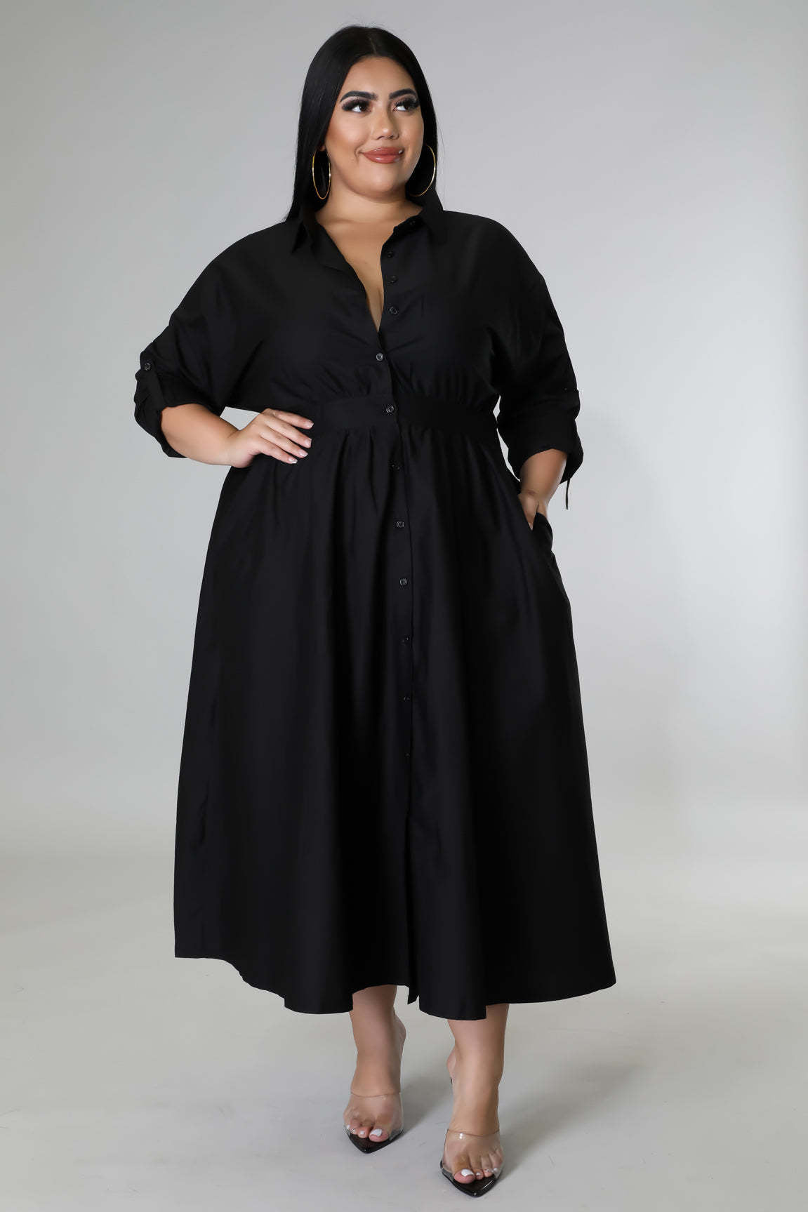 BamBam Plus Size Women's Solid Long Sleeve Shirt Dress - BamBam