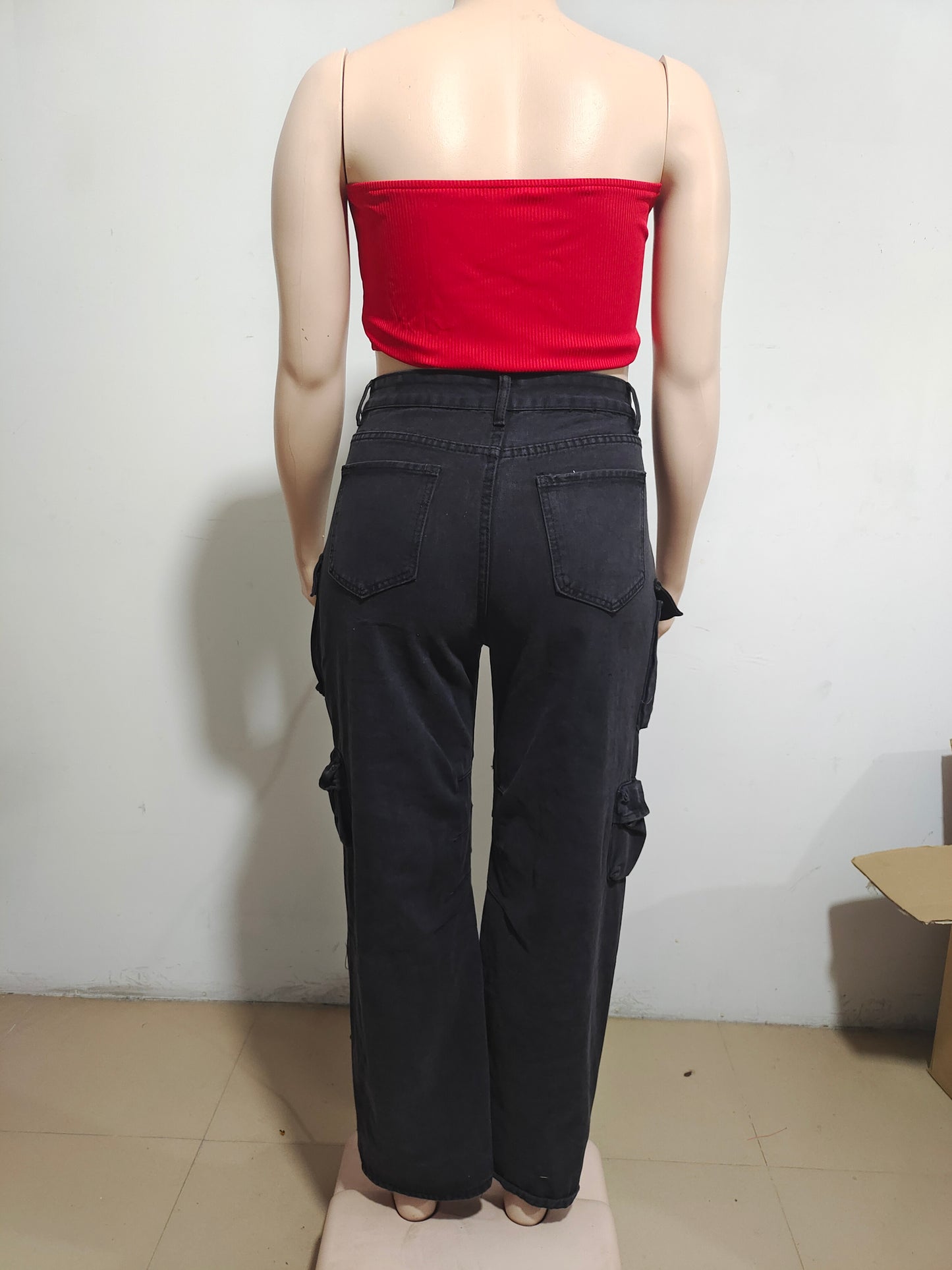 BamBam Trendy Multi Pocket Denim Pants Wash Cargo Pants Jeans - BamBam