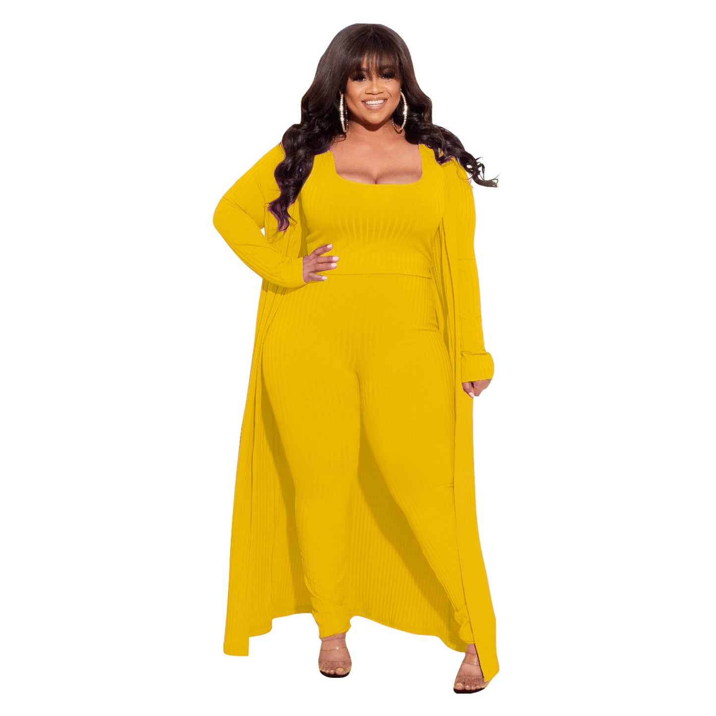 BamBam Autumn And Winter High Stretch Ribbed Three-Piece Plus Size Fashionable And Sexy Pants Set - BamBam