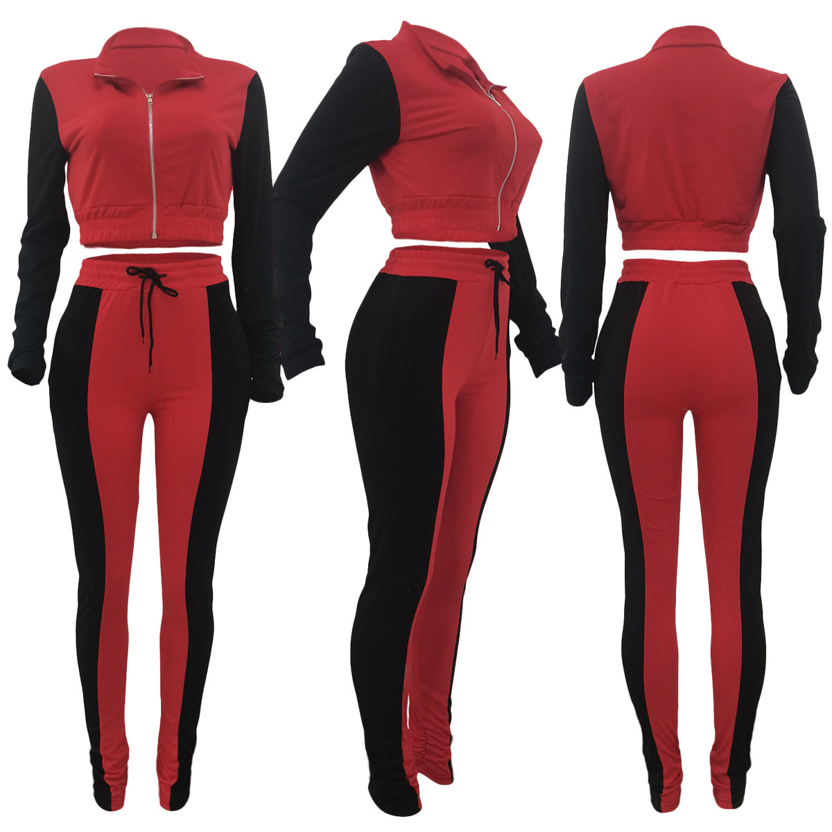 BamBam Women Autumn and Winter Casual Color Block Long Sleeve Top and Pant Two-piece Set - BamBam