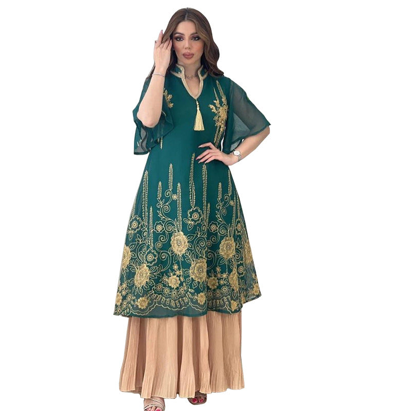 BamBam Fashion Mesh Embroidery Dress Tassel Patchwork Chiffon Pleated Fashion Muslim - BamBam