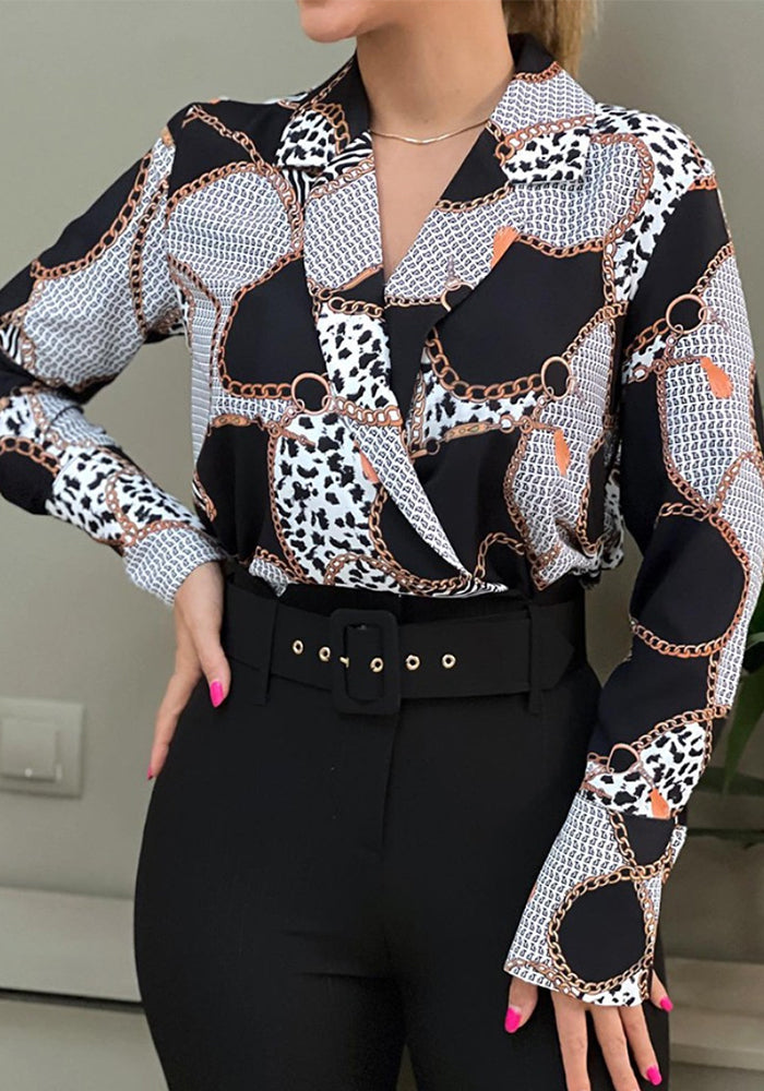 Autumn Loose Long-Sleeved V-Neck Pullover Printed Shirt For Women