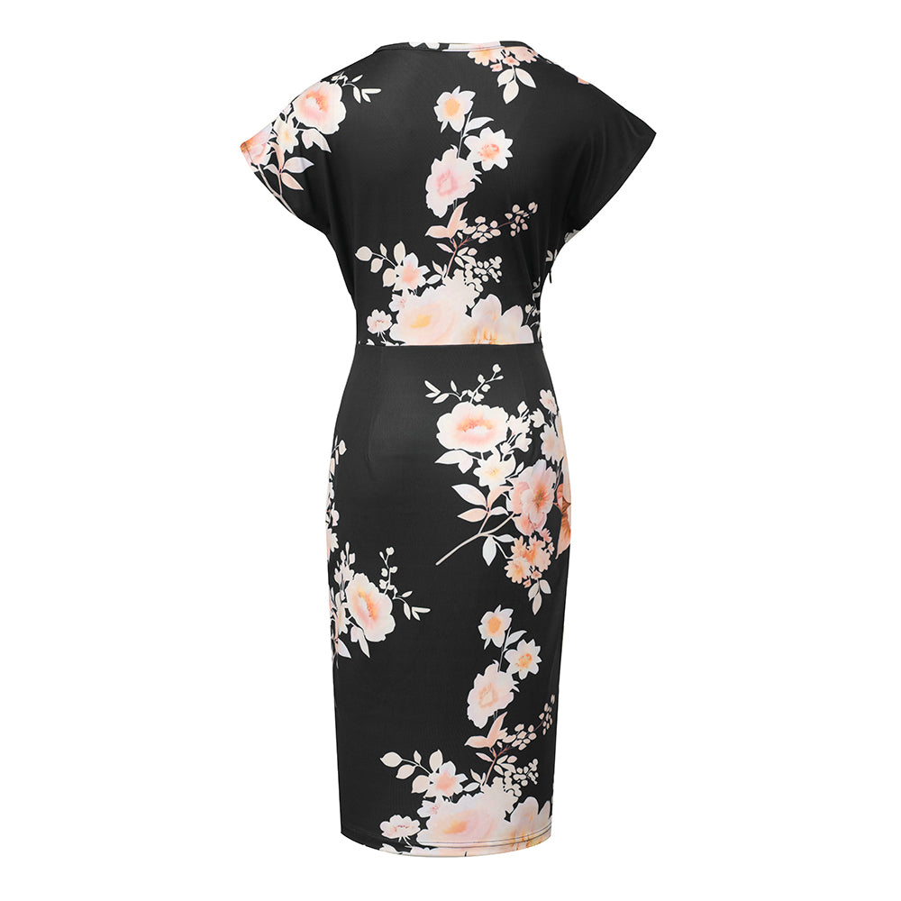 BamBam Women V-Neck Short Sleeve Pleated Floral Bodycon Dress - BamBam