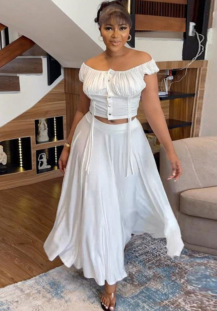 Sexy Drawstring Off Shoulder Top Stretch Maxi Skirt Two Piece Set