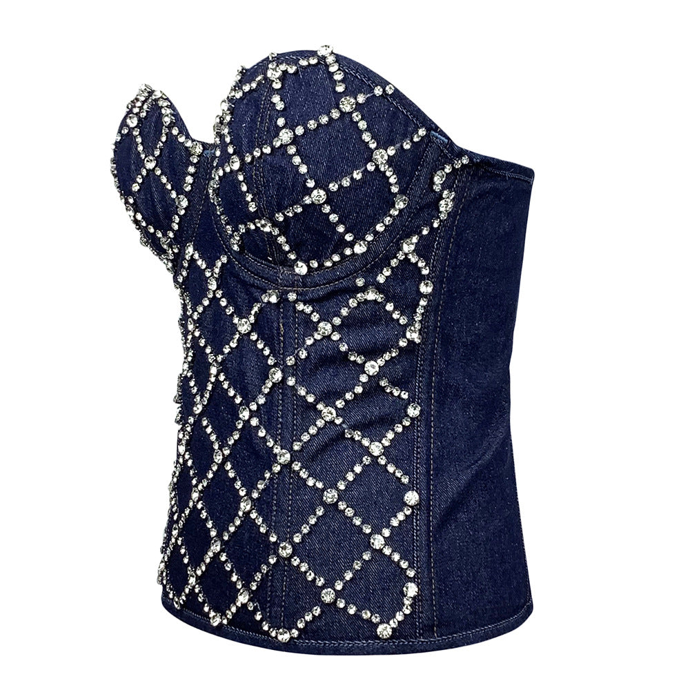BamBam Women Diamond Beaded Denim Vintage Zip Vest Lace-up Shaping Corset Top - BamBam