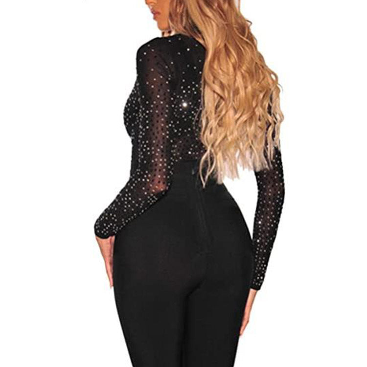 BamBam Transparent Mesh Sexy Black Rhinestone Zipper Turtleneck See-Through Tight Fitting Bodysuit - BamBam