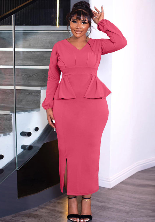 Women Long Sleeve V Neck Slit Dress