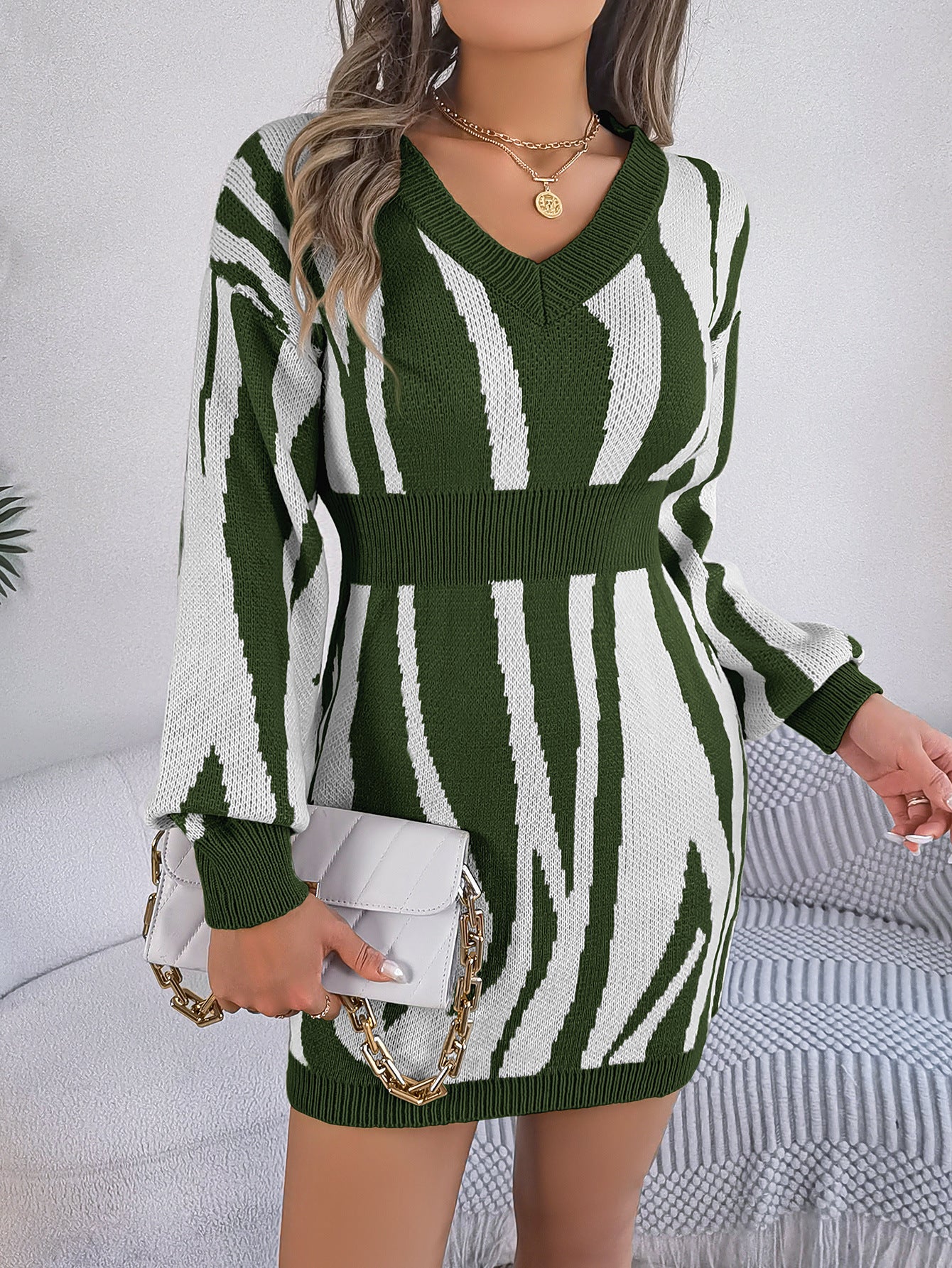 BamBam Women v-neck contrast zebra print long-sleeved Bodycon sweater dress - BamBam