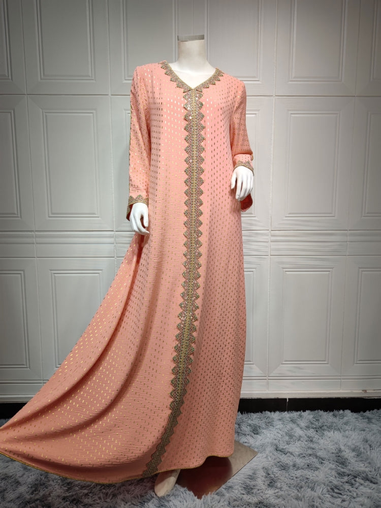 BamBam Women Spring Printed Tape Embroidery Islamic Clothing Kaftan Abaya Muslim Dress - BamBam