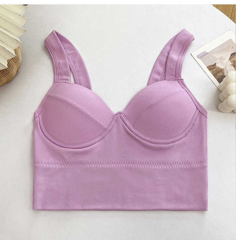 BamBam Solid Color Cotton 3D Fixed Cup Chest Pad Wrapped Chest Tank Top Ladies Sexy Sports Outdoor Wear Basic Bra Underwear - BamBam