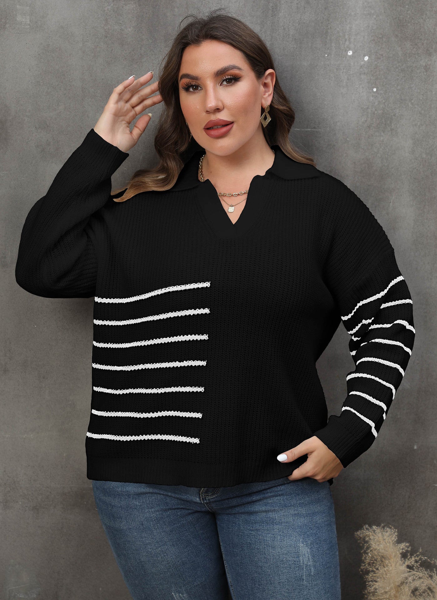 BamBam Ladies Pullover Knit Top Plus Size Women's Fall Winter Contrasting Color Patchwork Striped Turndowm Collar Sweater - BamBam