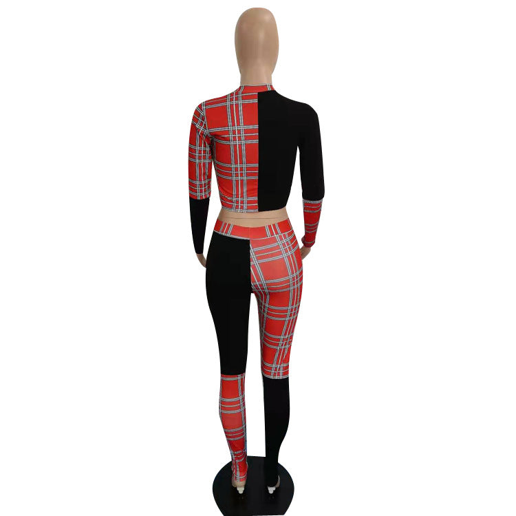 BamBam Women Sexy Plaid Color Block Top and Pant Two-piece Set - BamBam