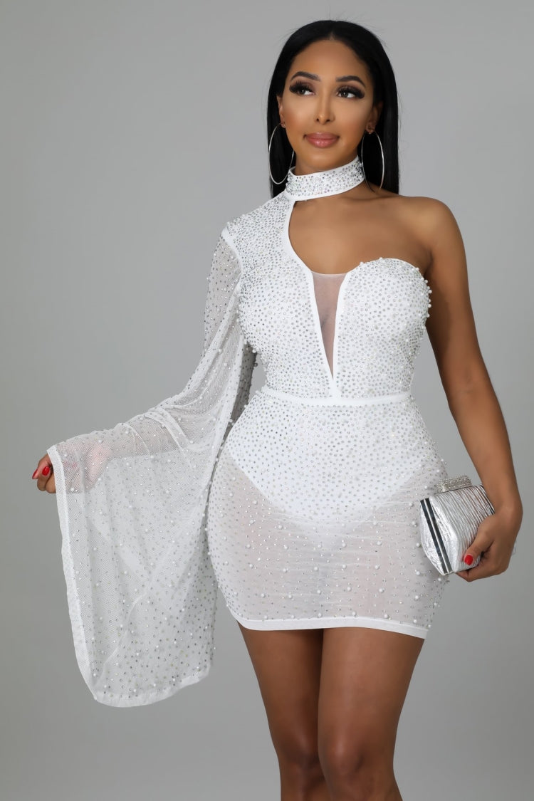 BamBam Fall Sexy White Beaded Choker One Shoulder Club Dress - BamBam Clothing Clothing