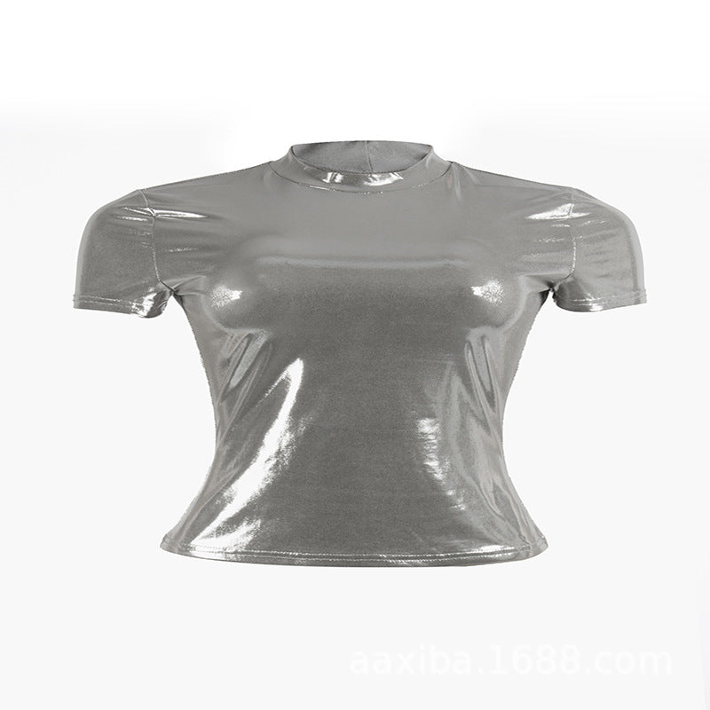 BamBam Silver glossy Round Neck short-sleeved Slim Fit sexy Crop T-shirt top - BamBam