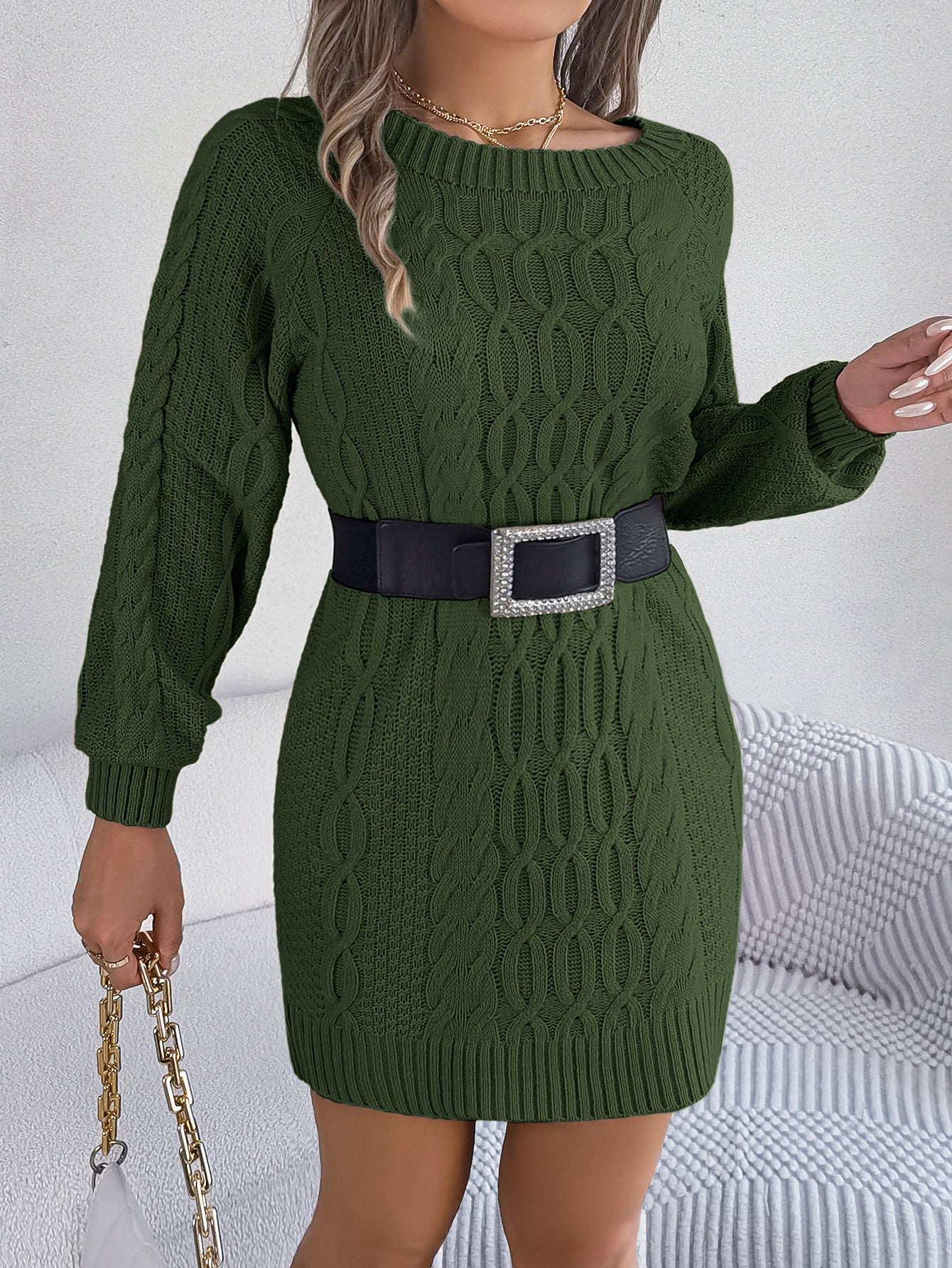 BamBam Women Autumn and Winter Solid Twist Lantern Sleeve Sweater Dress - BamBam