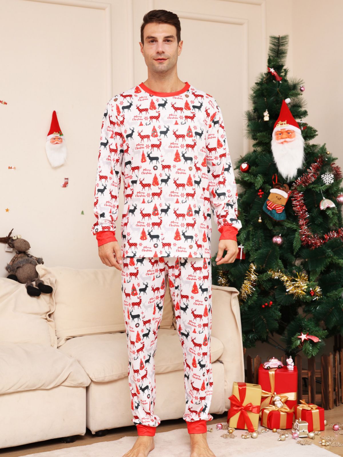 BamBam Christmas Family Wear Letter Cartoon Deer Printed Home Clothes Pajama Two-piece Set - BamBam