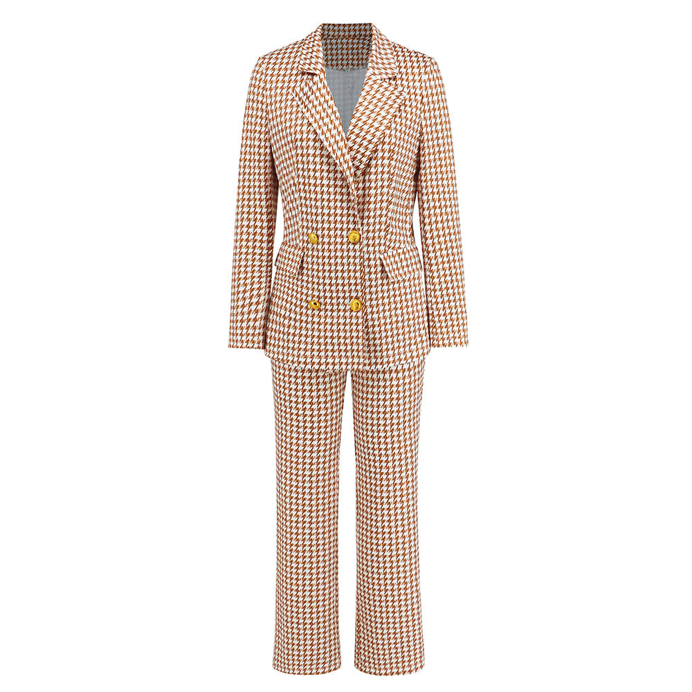 BamBam Women autumn and winter houndstooth double-breasted Blazer+ straight trousers two-piece set - BamBam Clothing