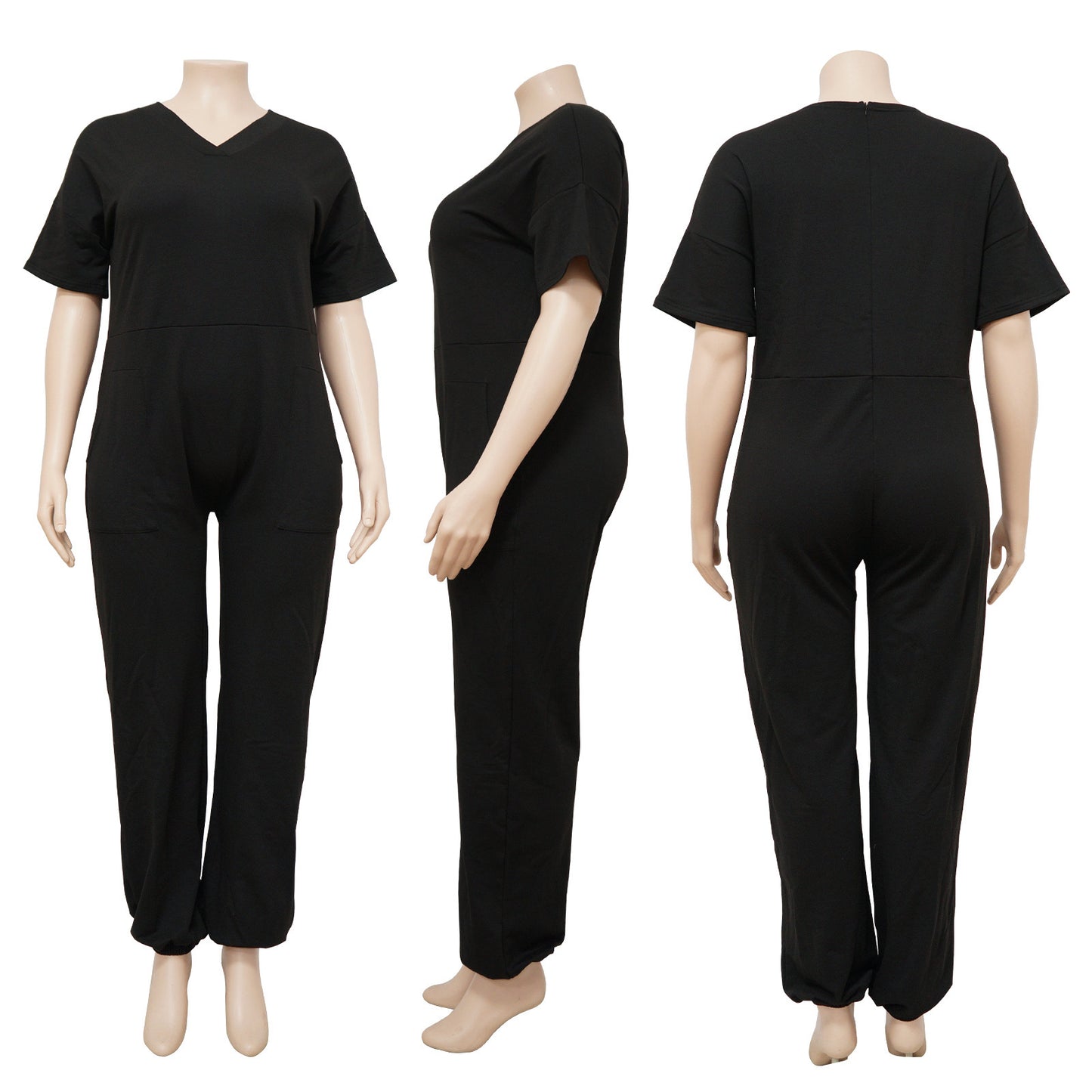 BamBam Spring Plus Size Women'S Solid Short Sleeve V-Neck Jumpsuit - BamBam Clothing
