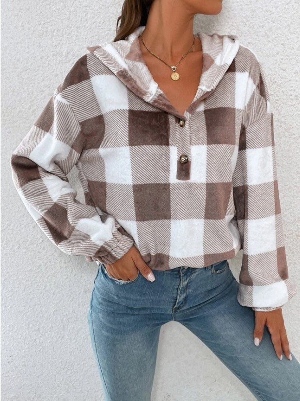 BamBam Autumn And Winter Plaid Button Hooded Loose Casual Hoodies Women's Clothing - BamBam