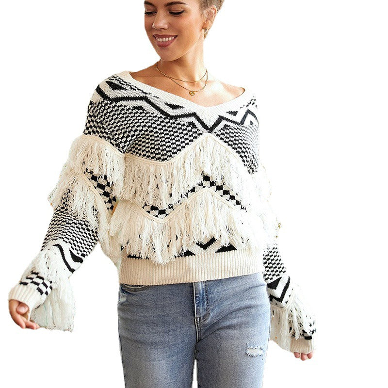 BamBam Women autumn and winter v-neck fringed knitting sweater - BamBam