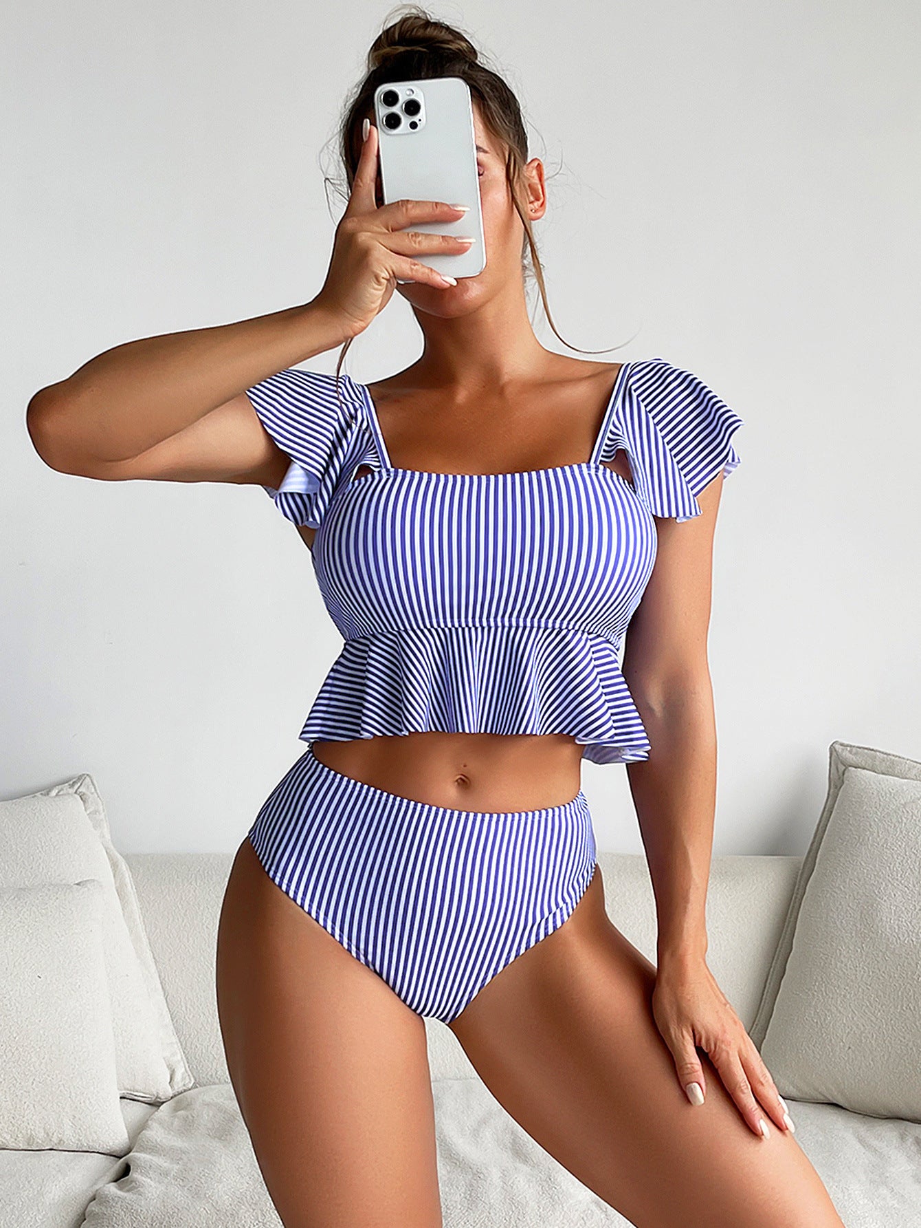 BamBam Bikini Stripe Ruffle High Waist Sexy Low Back Bikini Swimsuit - BamBam