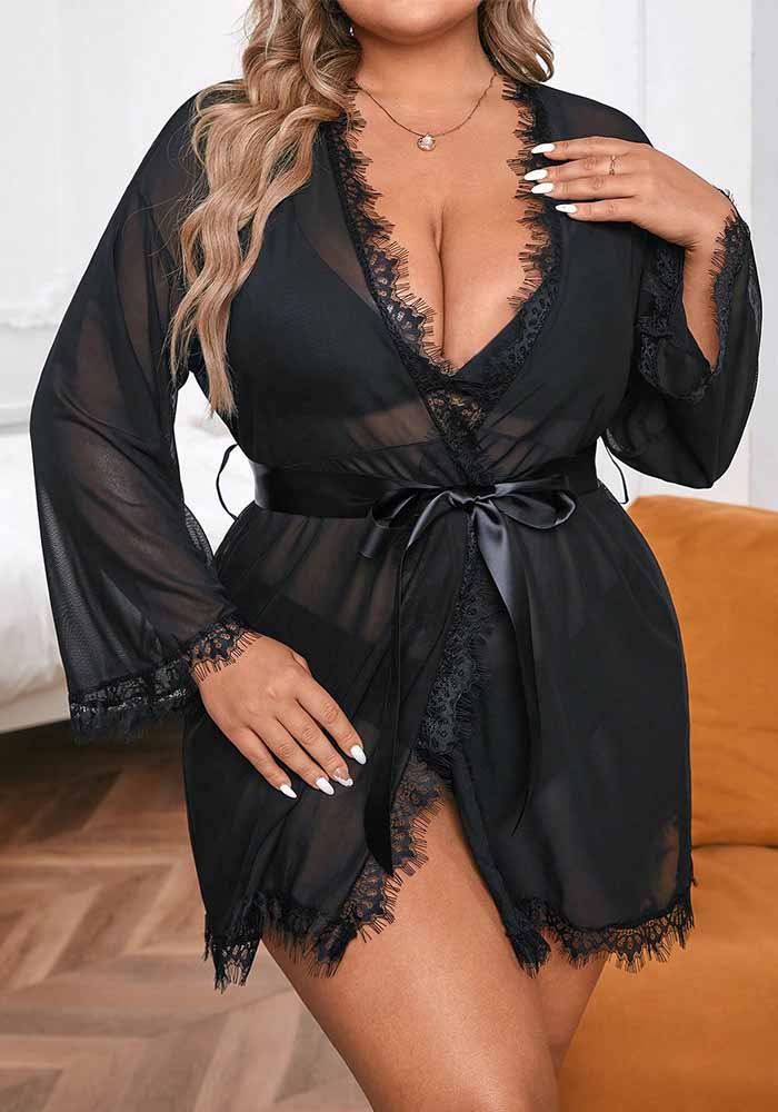 Plus size Women Lace Long Sleeve dress sexy lingerie