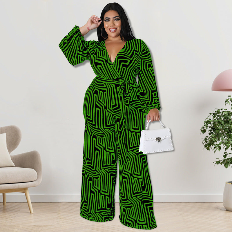 BamBam Plus Size Women'S Print Long Sleeve Wrap Wide Leg Jumpsuit - BamBam Clothing