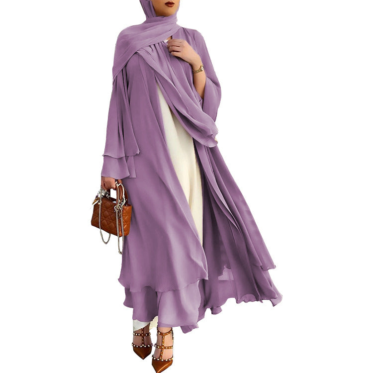 BamBam Muslim Solid Color Cardigan Feminine Flowing Chiffon Plus Size Women's Dress - BamBam