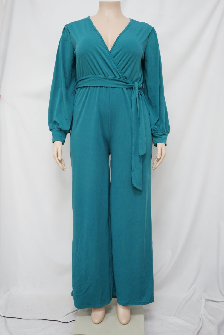 BamBam Autumn Plus Size Elegant Wrap Jumpsuit Green - BamBam Clothing