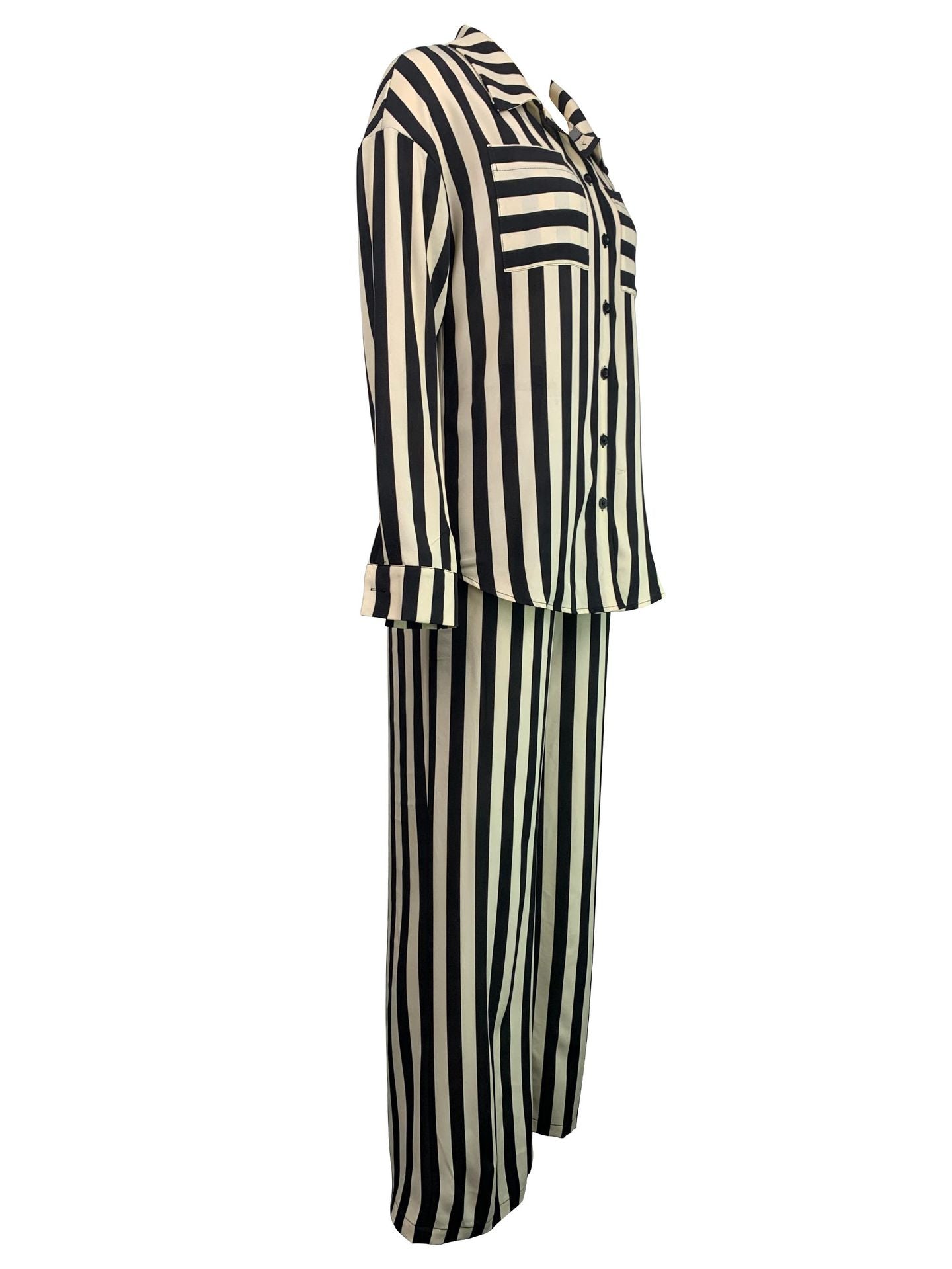 BamBam Women's Two Piece Fashion Casual Striped Button-Up Shirt Pants Two Piece Set - BamBam