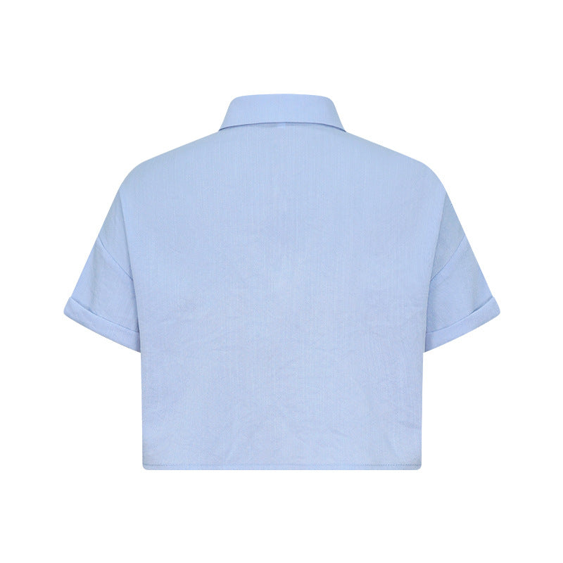 BamBam Summer Fashionable And Versatile Turndown Collar Short-Sleeved Striped Pocket Shirt Top - BamBam