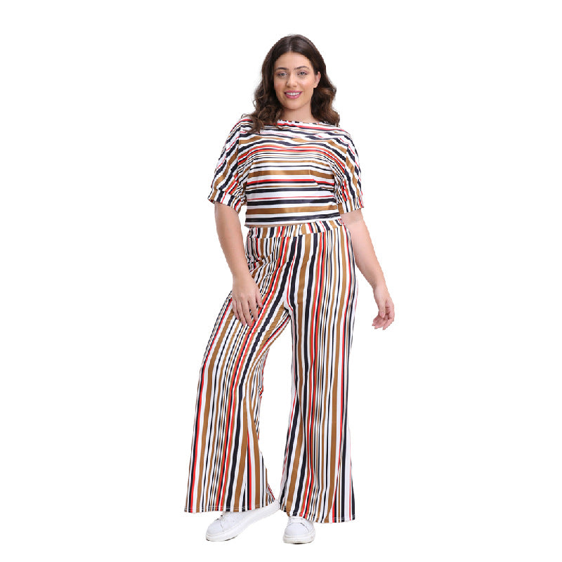 BamBam Plus Size Women Casual Short Sleeve Top And Striped Wide Leg Pants Two-piece Set - BamBam