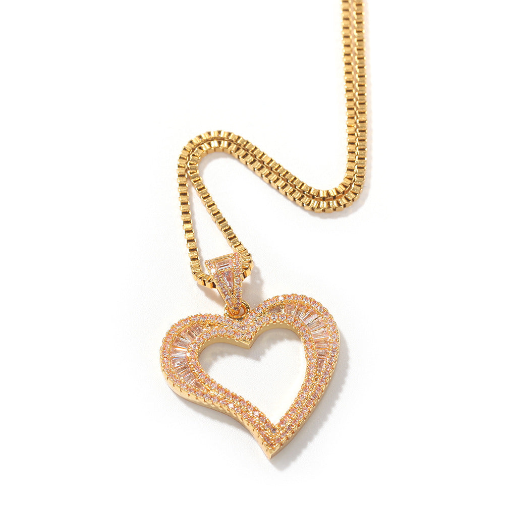 BamBam Jewelry Zircon Arc Cutout Heart Print Fashion Pendant Necklace Hip Hop Simple Style Box Chain - BamBam