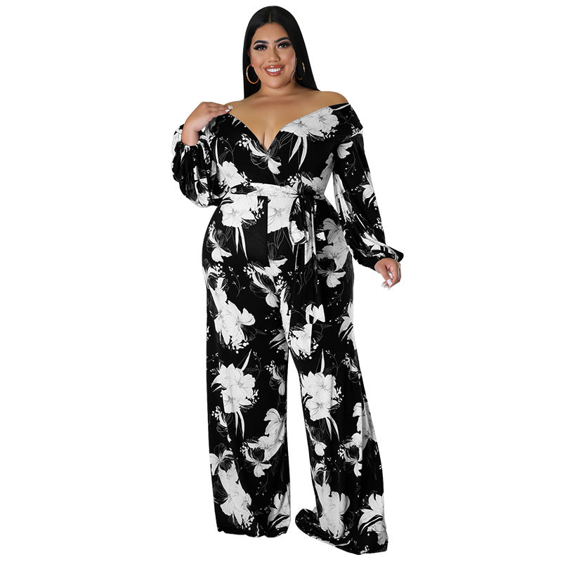 BamBam Plus Size Women Fall Print V-Neck Off Shoulder Jumpsuit - BamBam Clothing