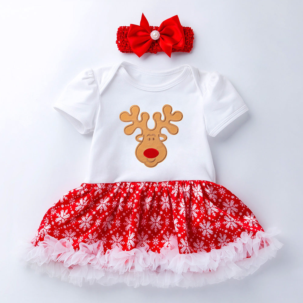 BamBam Christmas Girl Christmas Tree Socks Deer Head Short Sleeve Top and Skirt Two Piece Set - BamBam