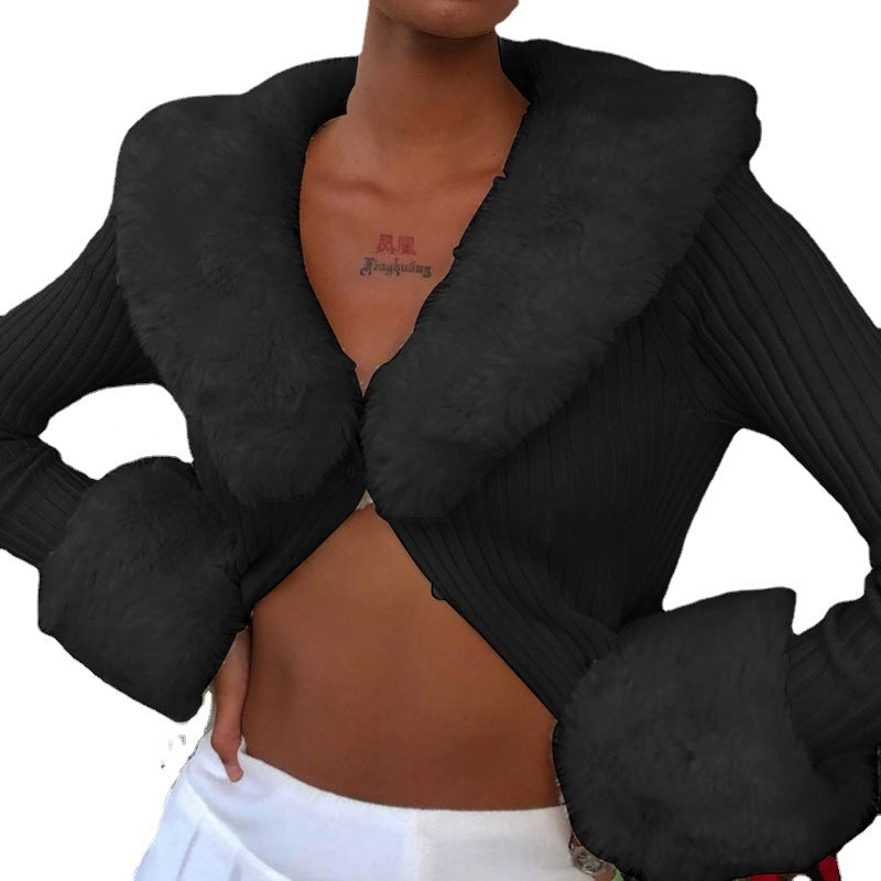 BamBam Women Furry Ribbed Cardigan v-neck knitting Crop Top - BamBam