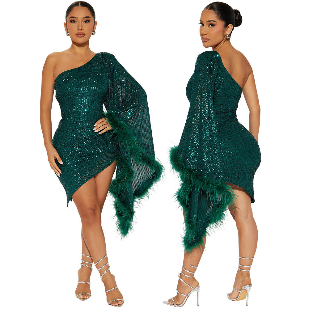 BamBam Slash Shoulder Irregular Sequin Women Bodycon Dress - BamBam Clothing Clothing