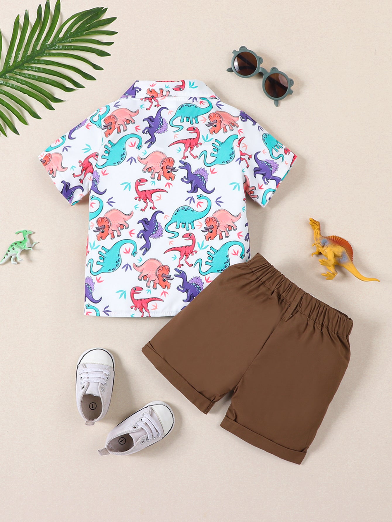 BamBam Boy summer cute cartoon dinosaur short-sleeved shirt and Shorts two-piece set - BamBam